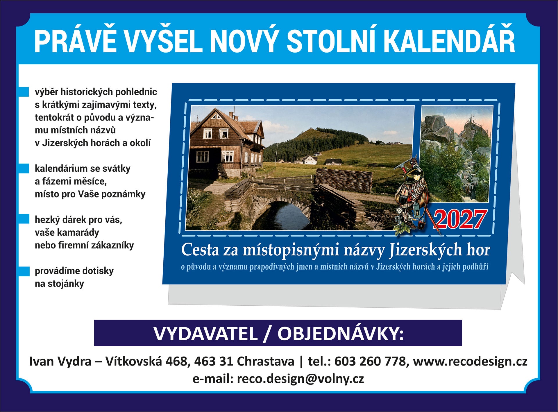 Stolní kalendář na rok 2027 - původ a význam prapodivných jmen a místních názvů v Jizerských horách a jejich podhůří
